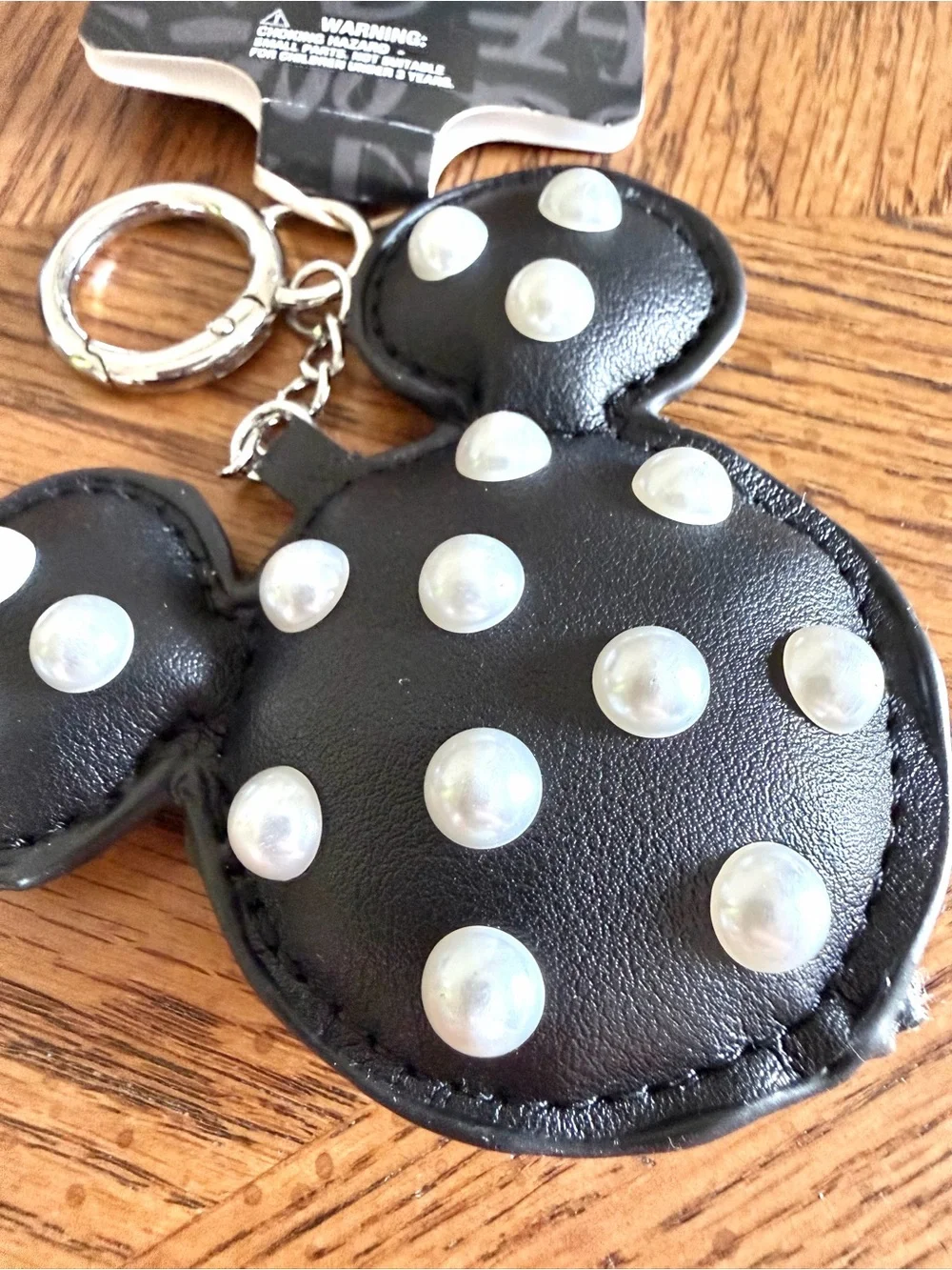 Disney Mickey Mouse  Black Faux-Leather Keychain bag charm with pearl accents